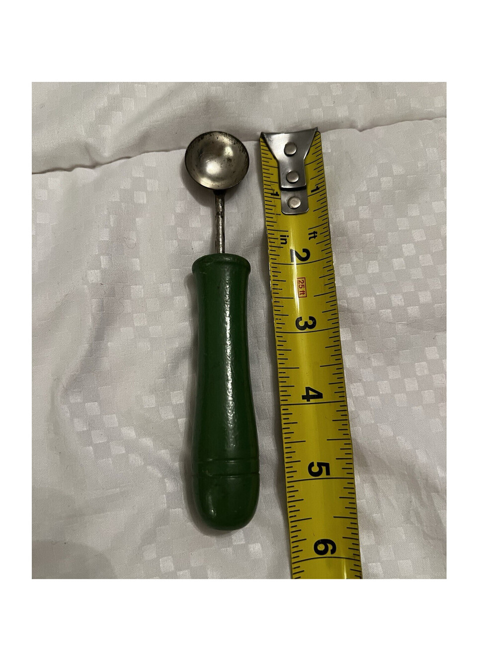 Vintage Small Metal Scoop Olive Green Wooden Handle melon ball